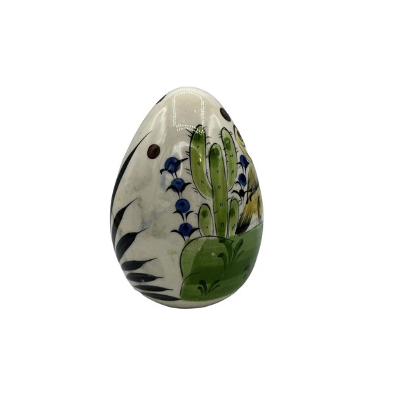 Mexican Pottery Handpainted & Glazed Egg Tonala Style Yellow Birds Cactus 6” Egg - Picture 4 of 9
